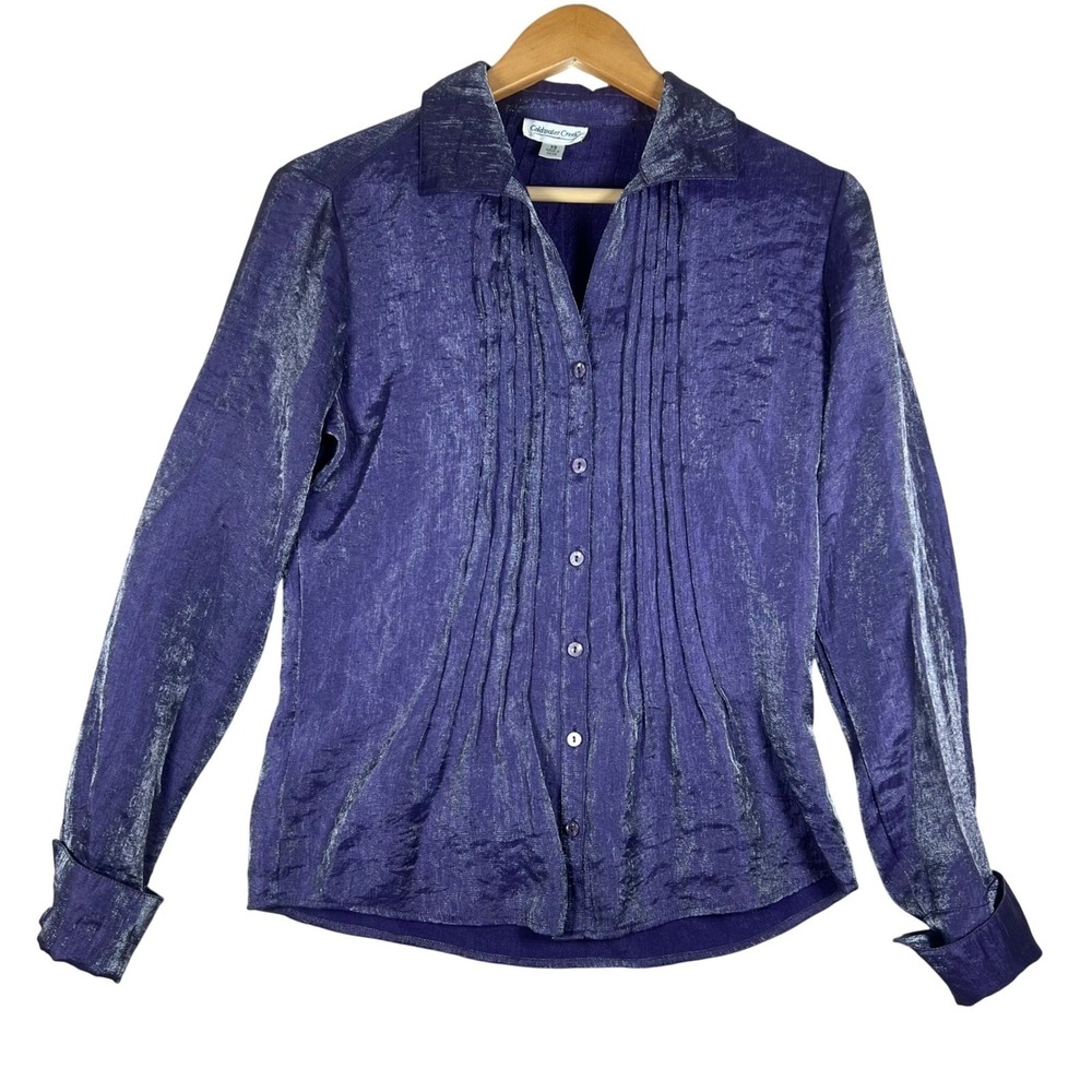 Coldwater‎ Creek Purple Shimmer Pintuck Pleated Button Down Blouse XS Metallic